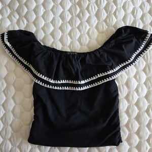 J. Crew Black Off-Shoulder Crop Top with White Trim